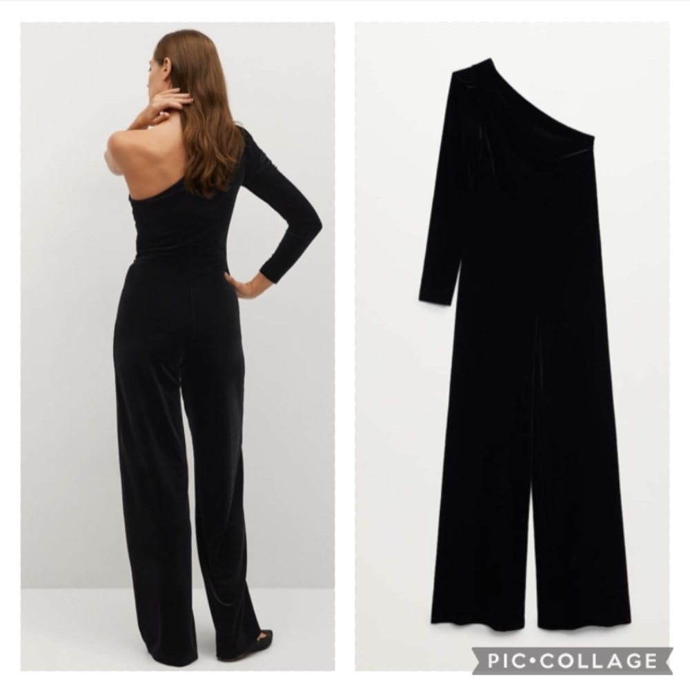 MANGO one shoulder asymmetric velvet jumpsuit blogger fave zara competitor